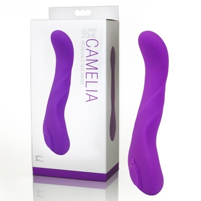 Vibrador roxo curvo de silicone com embalagem branca e roxa