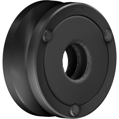 Dispositivo circular preto com botões e texto IKU