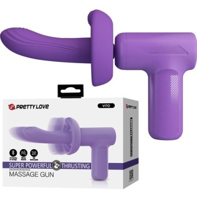 Massajador roxo tipo pistola com embalagem branca e roxa.