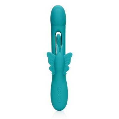 Vibrador azul turquesa com asas de borboleta em fundo branco