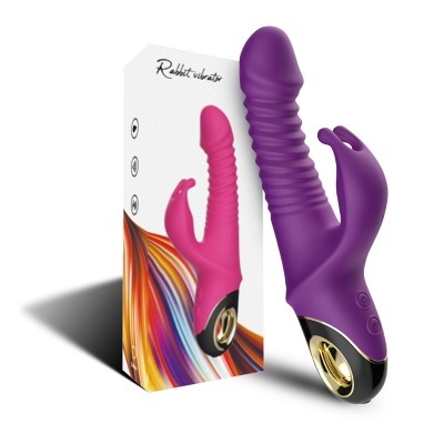 Vibrador tipo coelho roxo com embalagem colorida e texto Rabbit vibrator