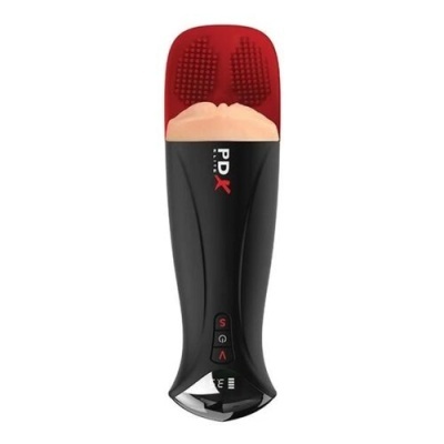 Aparelho preto e vermelho com texto P.D X e botões na parte frontal