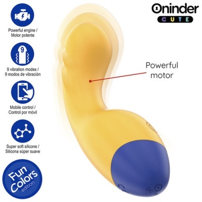 Vibrador amarelo e azul com descrição das funcionalidades em ícones ao lado