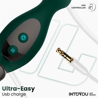 Dispositivo verde escuro com botão iluminado e cabo USB branco