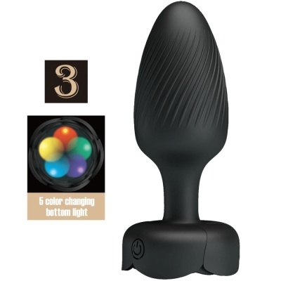 Plugue de silicone preto com luz colorida e botão de ligar