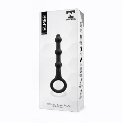 Embalagem de plug anal negro ELMER TARDENOCHE com design em bolas e anel.