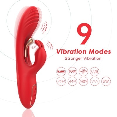 Vibrador vermelho com dois estimuladores e texto sobre modos de vibração