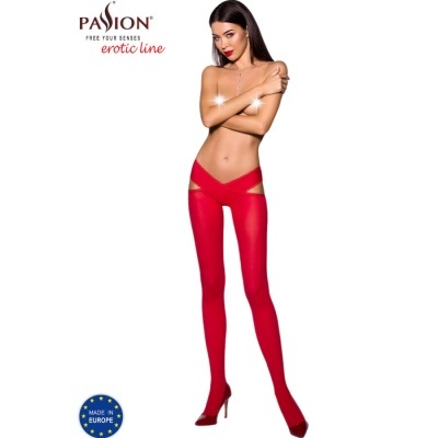 Modelo vestindo meia-calça vermelha com design com corte da marca PASSION.