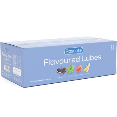 Caixa azul de lubrificantes Pasante com sabores variados