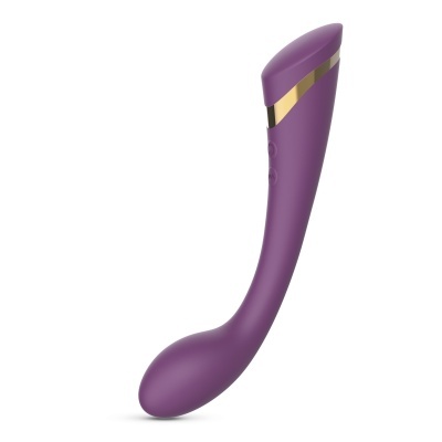 Produto roxo ergonómico com detalhes dourados em fundo branco