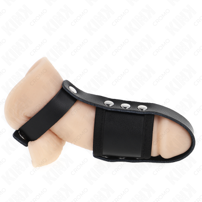 Suporte preto com fechos metálicos aplicado em objeto cilíndrico cor de pele