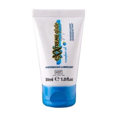Frasco branco e azul do lubrificante eXTREMEglide com tampa azul