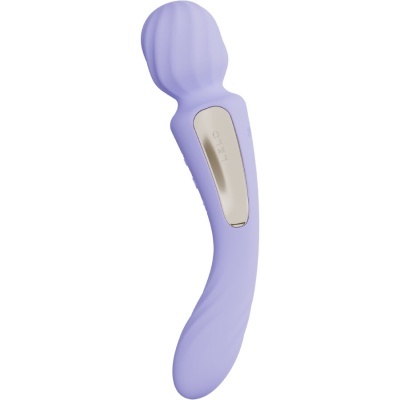 Vibrador lilás de silicone com detalhe metálico e texto LETO