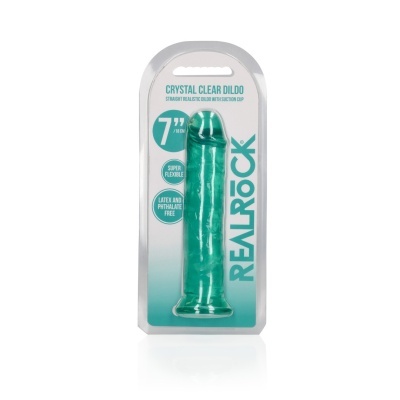 Dildo transparente verde com ventosa em embalagem plástica