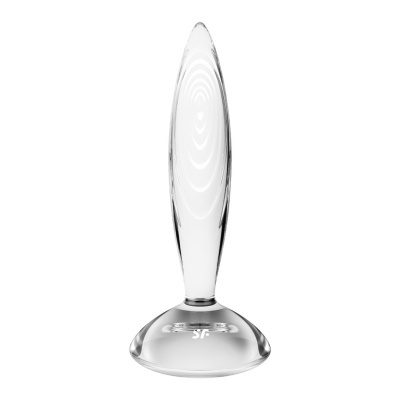 Plug anal de vidro transparente com base redonda e texto SF