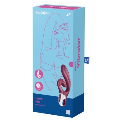 Embalagem azul e rosa do vibrador Love Me Rabbit Vibrator da Satisfyer com ilustração de linha rosa de rosto e imagem do produto burgundy.