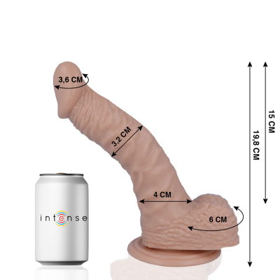 Dildo cor de pele com várias medidas e lata branca com palavra INTENSE