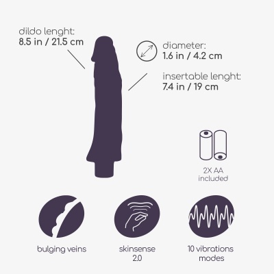 Desenho em silhueta preta de um dildo com dimensões e características técnicas em texto e ícones.