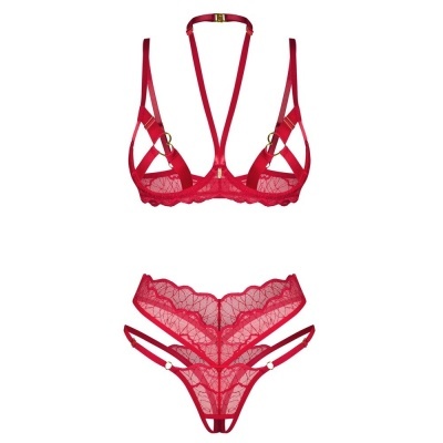 Conjunto de lingerie vermelho com rendas e tiras ajustáveis em fundo branco