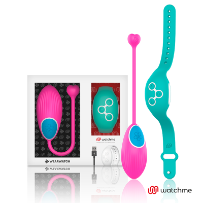 Conjunto com vibrador rosa, pulseira azul turquesa e embalagem branca Watchme