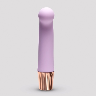Vibrador roxo com base metálica dourada