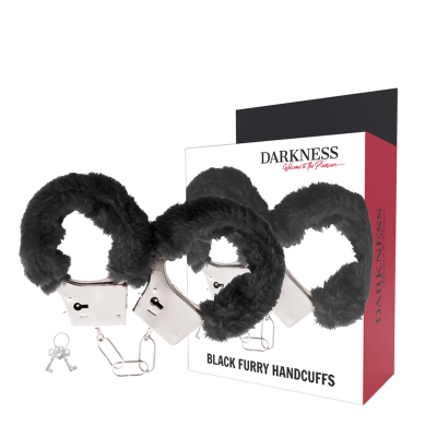 Algemas metálicas com revestimento preto peludo e embalagem com texto da marca Darkness