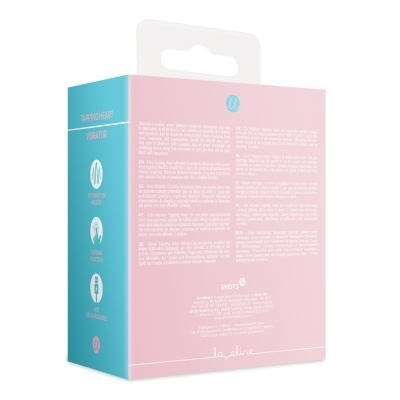 Embalagem rosa e azul claro de vibrador Tapping Heart Loveline com ícones e texto multilingue.