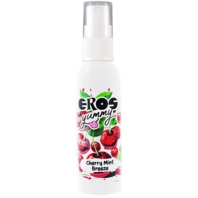 Frasco branco de spray EROS Cherry Mint Breeze com ilustrações de cerejas