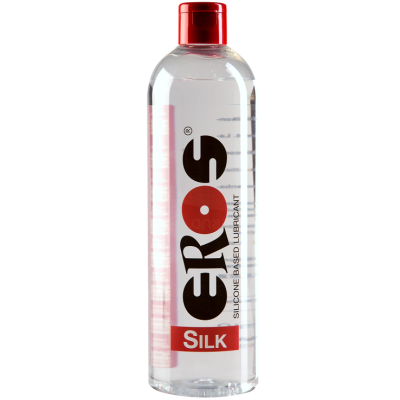 frasco transparente de lubrificante à base de silicone com tampa vermelha e etiqueta EROS SILK