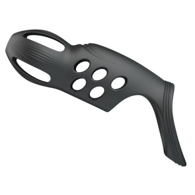 Objeto preto ergonómico com orifícios ovais e textura em relevo