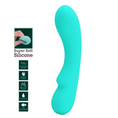 Vibrador turquesa em silicone macio com texto de características