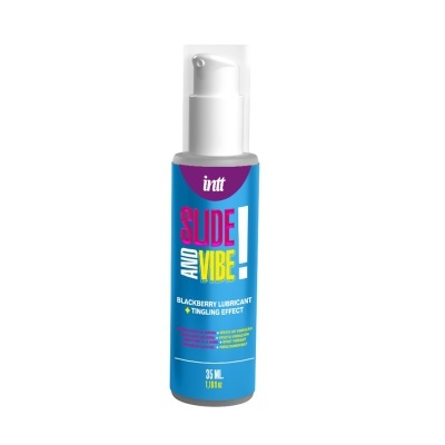 Frasco de lubrificante Slide and Vibe azul com tampa branca