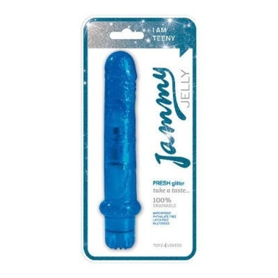 Vibrador azul translúcido com glitter, embalado em blister branco com texto azul