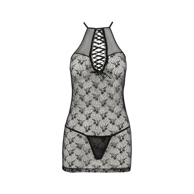 Roupa interior feminina preta em renda floral transparente com fita cruzada