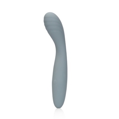 Vibrador curvado cinza em silicone com nervuras e botão