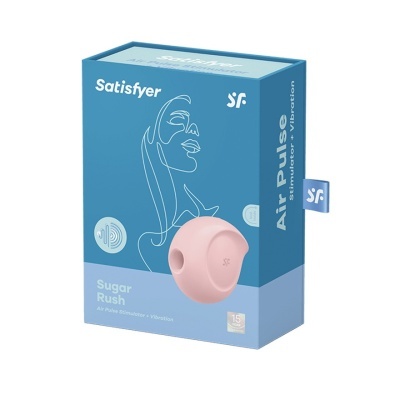 Embalagem azul de estimulador Air Pulse Satisfyer Sugar Rush com ilustração de rosto e dispositivo rosa