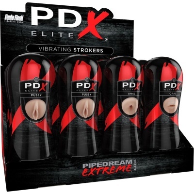 Expositor com quatro produtos PDX Elite Vibrating Strokers em preto e vermelho, com texturas e texto indicativo