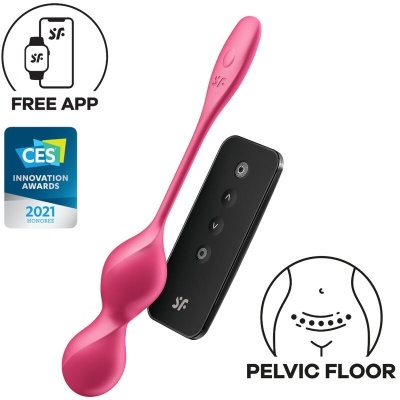 Dispositivo treino pavimento pélvico rosa com telecomando preto e símbolos relacionados.