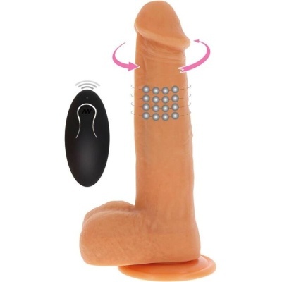 Vibrador em tom pele com base de ventosa e controle remoto preto