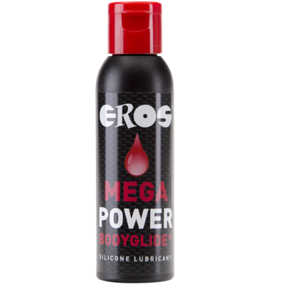 Frasco preto com tampa vermelha de lubrificante EROS MEGA POWER BODYGLIDE