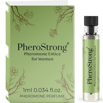 Perfume de feromona para mulheres PheroStrong com embalagem verde e frasco pequeno