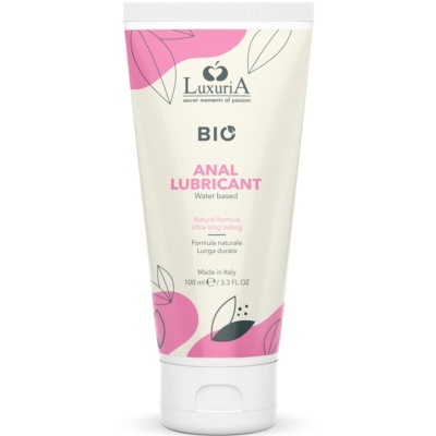 Tubo de lubrificante anal LuxuriA BIO 100 ml branco com rosa e texto preto.