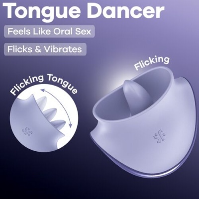 Dispositivo sexual roxo claro Tongue Dancer com língua vibratória e texto descritivo