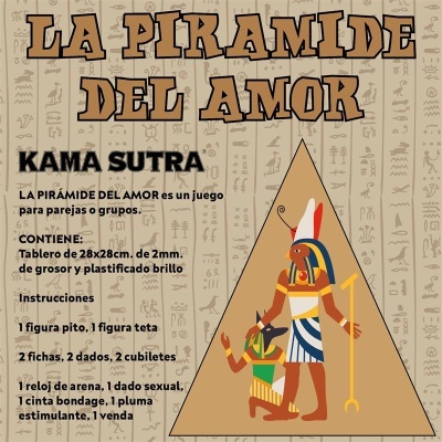 Embalagem de jogo LA PIRÁMIDE DEL AMOR KAMA SUTRA com figuras egípcias e texto em espanhol