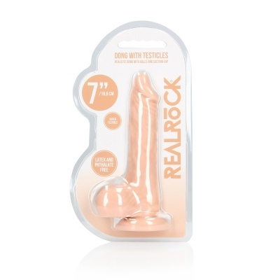 Dildo realista com testículos em embalagem