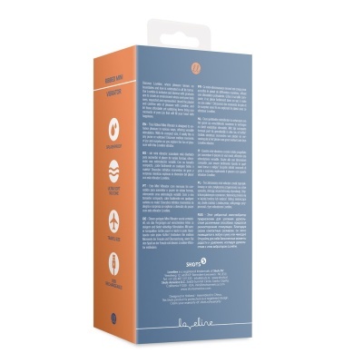 Embalagem de vibrador mini em silicone com ícones e texto explicativo