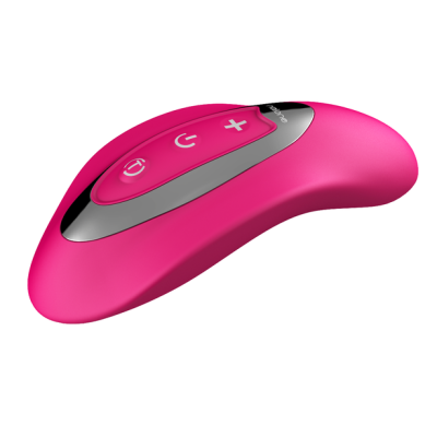 Dispositivo eletrónico rosa com botões de controlo e acabamento prateado