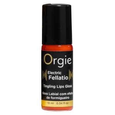 Frasco de gloss labial laranja com rótulo preto e texto em português
