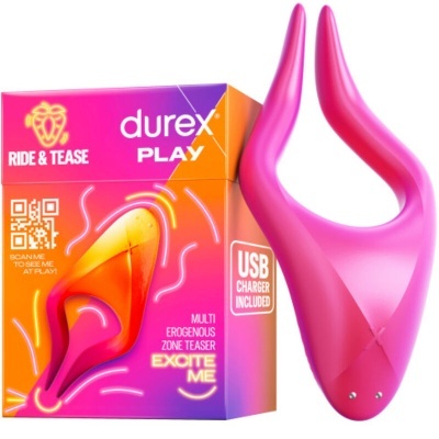 Produto vibrador cor-de-rosa com embalagem colorida da Durex Play