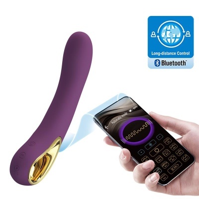 Vibrador roxo com controlo por smartphone via Bluetooth